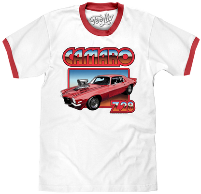 70s Chevrolet Camaro Z28 Ringer Mens T Shirt Officially Licensed White/Red