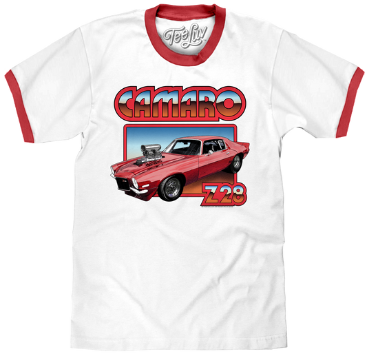 70s Chevrolet Camaro Z28 Ringer Mens T Shirt Officially Licensed White/Red