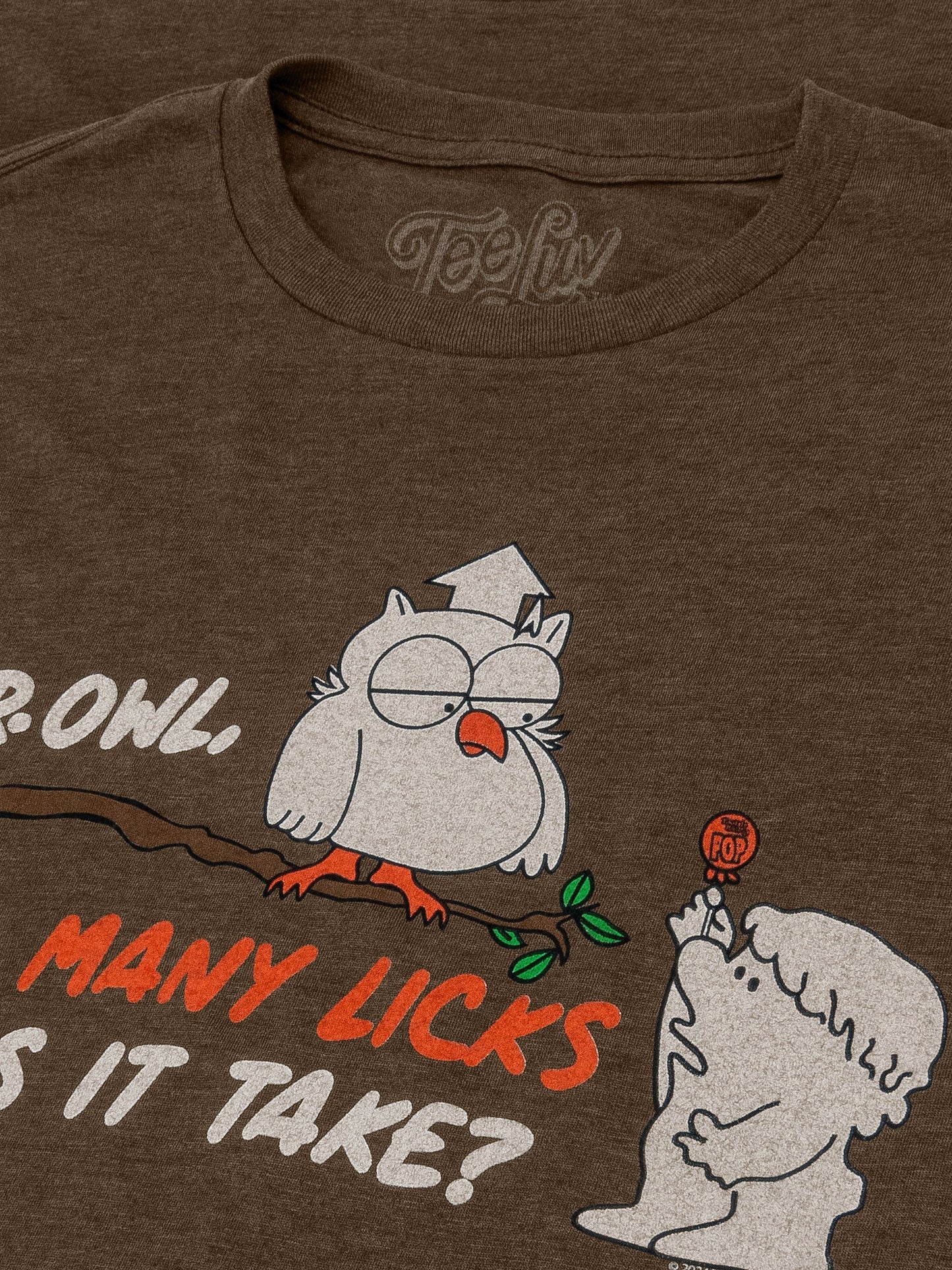 Mr Owl How Many Licks Does It Take Tootsie Roll Pop Candy Mens T Shirt Officially Licensed Heather Brown
