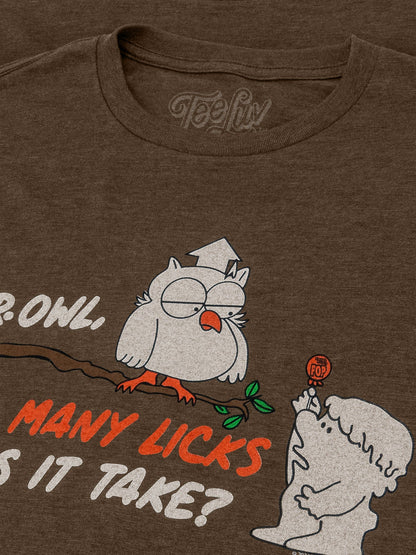 Mr Owl How Many Licks Does It Take Tootsie Roll Pop Candy Mens T Shirt Officially Licensed Heather Brown