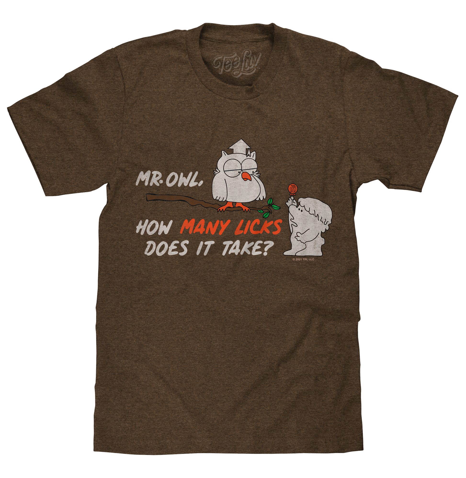 Mr Owl How Many Licks Does It Take Tootsie Roll Pop Candy Mens T Shirt Officially Licensed Heather Brown