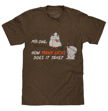 Mr Owl How Many Licks Does It Take Tootsie Roll Pop Candy Mens T Shirt Officially Licensed Heather Brown