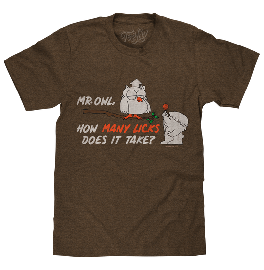 Mr Owl How Many Licks Does It Take Tootsie Roll Pop Candy Mens T Shirt Officially Licensed Heather Brown