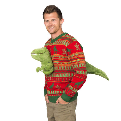 3D T-Rex Red and Green Adult Ugly Christmas Sweater