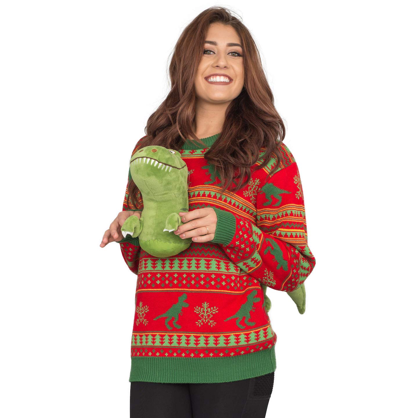 3D T-Rex Red and Green Adult Ugly Christmas Sweater