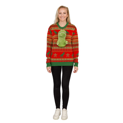 3D T-Rex Red and Green Adult Ugly Christmas Sweater