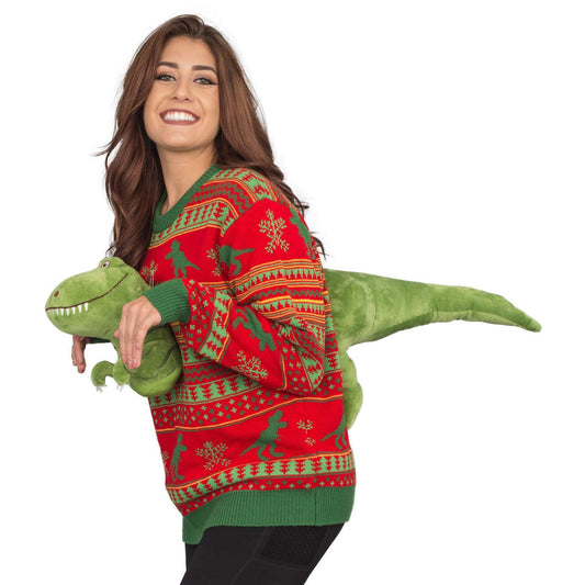 3D T-Rex Red and Green Adult Ugly Christmas Sweater