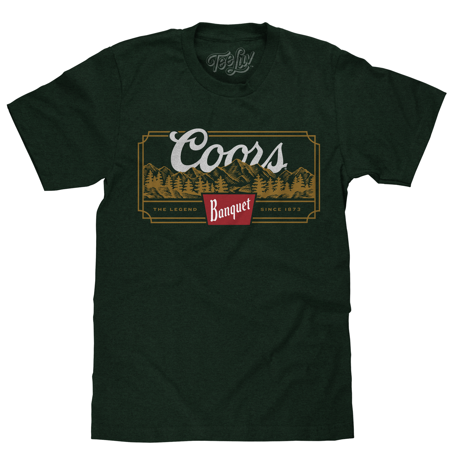 Coors Banquet Beer The Legend Since 1873 Rocky Mountains Mens T Shirt Officially Licensed Forest Green