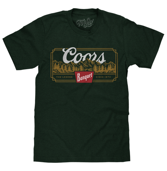 Coors Banquet Beer The Legend Since 1873 Rocky Mountains Mens T Shirt Officially Licensed Forest Green