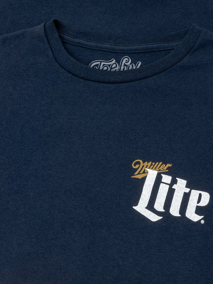 Miller Lite Front/Back/Sleeve Print Long Sleeve T Shirt Officially Licensed - Navy Blue