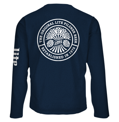Miller Lite Front/Back/Sleeve Print Long Sleeve T Shirt Officially Licensed - Navy Blue