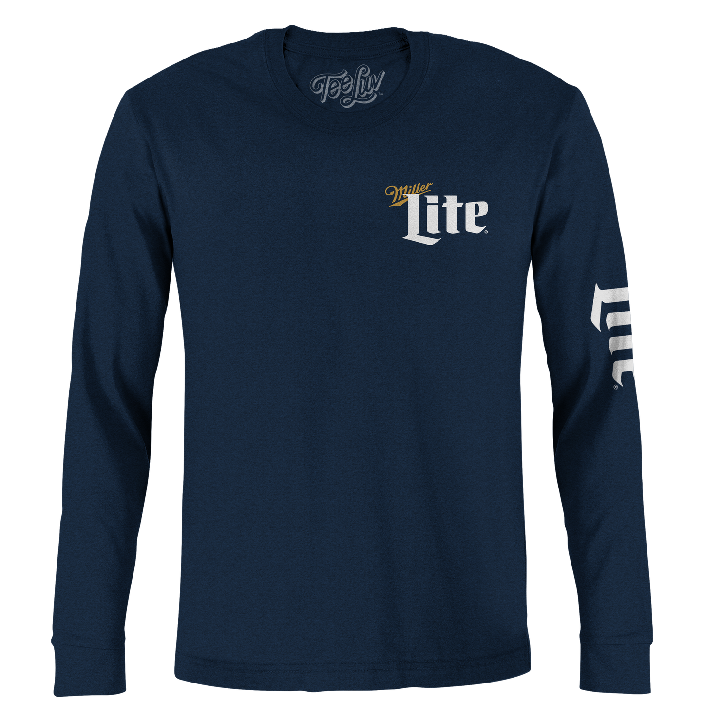 Miller Lite Front/Back/Sleeve Print Long Sleeve T Shirt Officially Licensed - Navy Blue