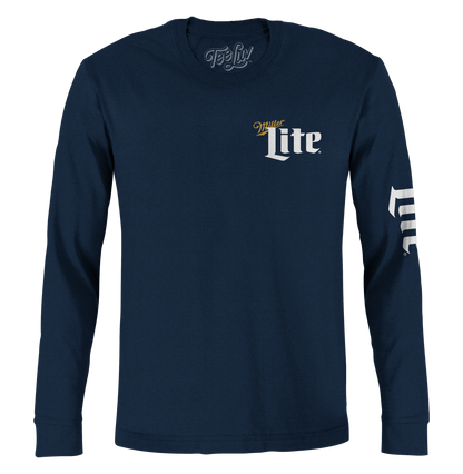 Miller Lite Front/Back/Sleeve Print Long Sleeve T Shirt Officially Licensed - Navy Blue