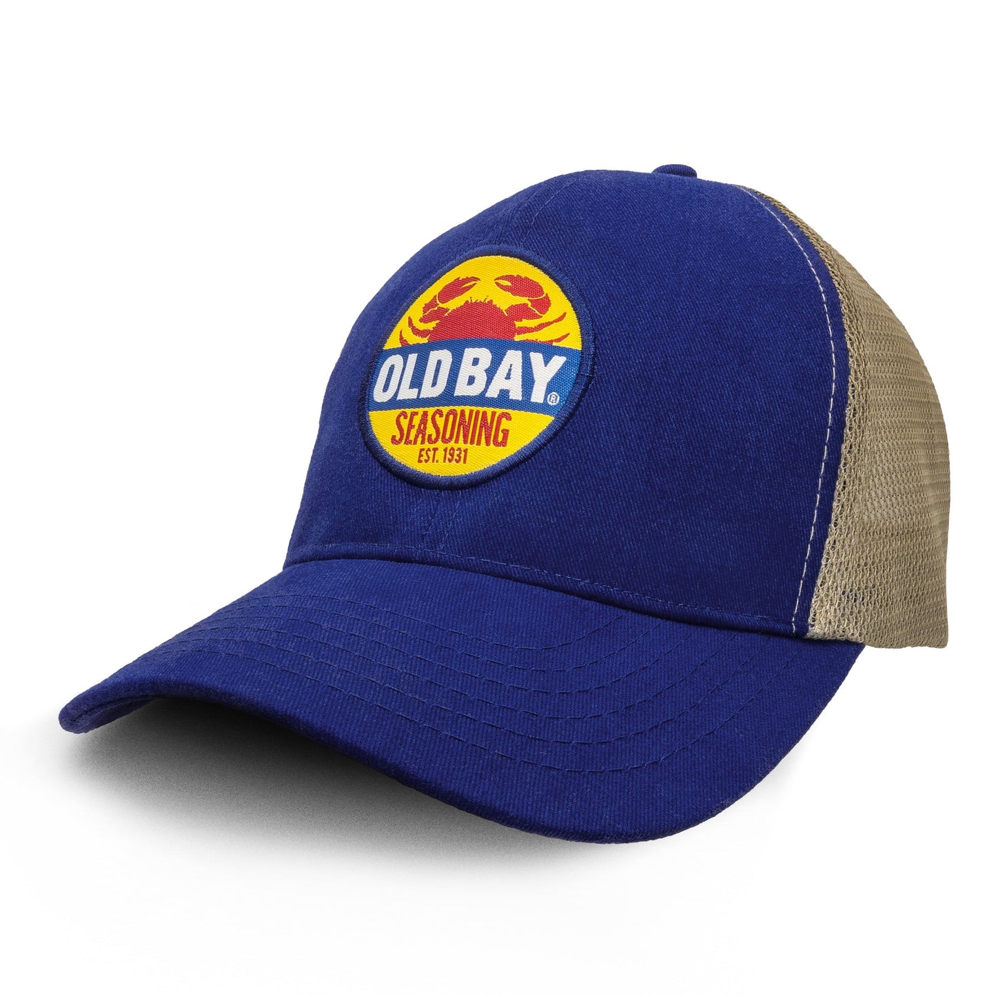 Old Bay Seasoning Crab Logo Mesh Back Baseball Hat Officially Licensed - Blue/Tan