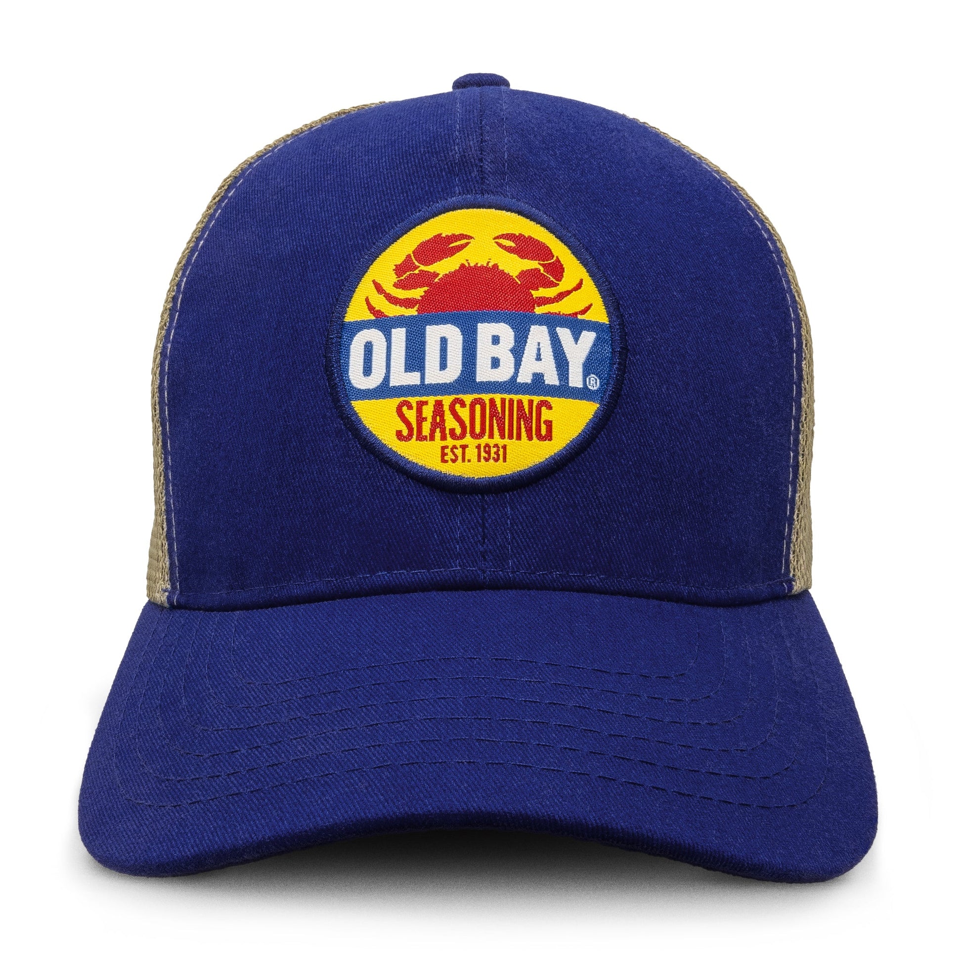 Old Bay Seasoning Crab Logo Mesh Back Baseball Hat Officially Licensed - Blue/Tan