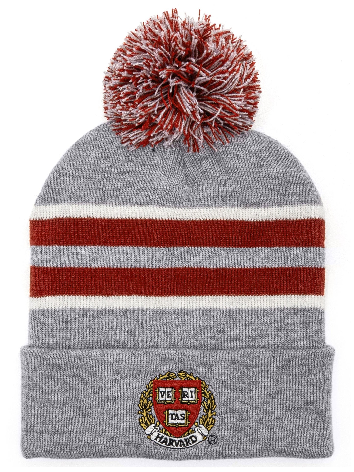 Harvard University Veritas Shield Pom Pom Beanie Hat Officially Licensed  - Gray/Burgundy/White