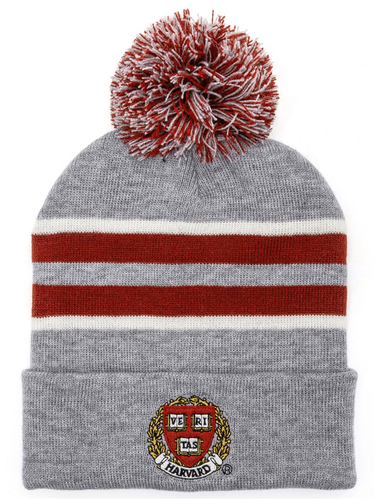 Harvard University Veritas Shield Pom Pom Beanie Hat Officially Licensed  - Gray/Burgundy/White