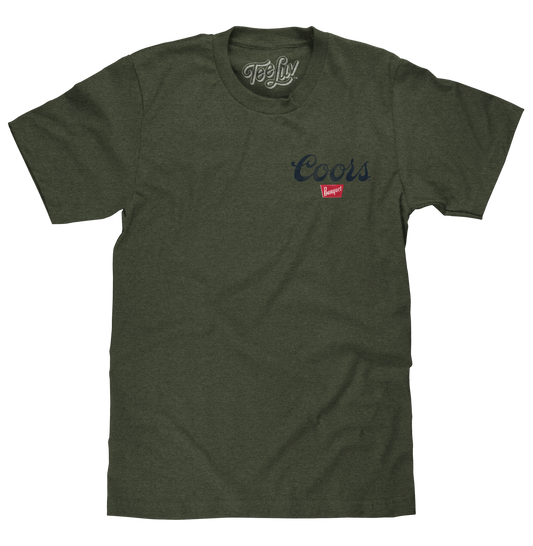 Coors Banquet The Legend Left Chest Front and Back Print Mens T Shirt Officially Licensed Military Green