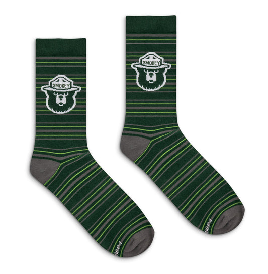 Smokey Bear Animal Mascot Striped Crew Socks Officially Licensed - Green/Gray