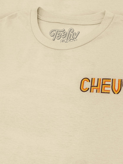 Chevy Chevelle Chevrolet Left Chest Front and Back Print Classic Car Mens T Shirt Officially Licensed Cream