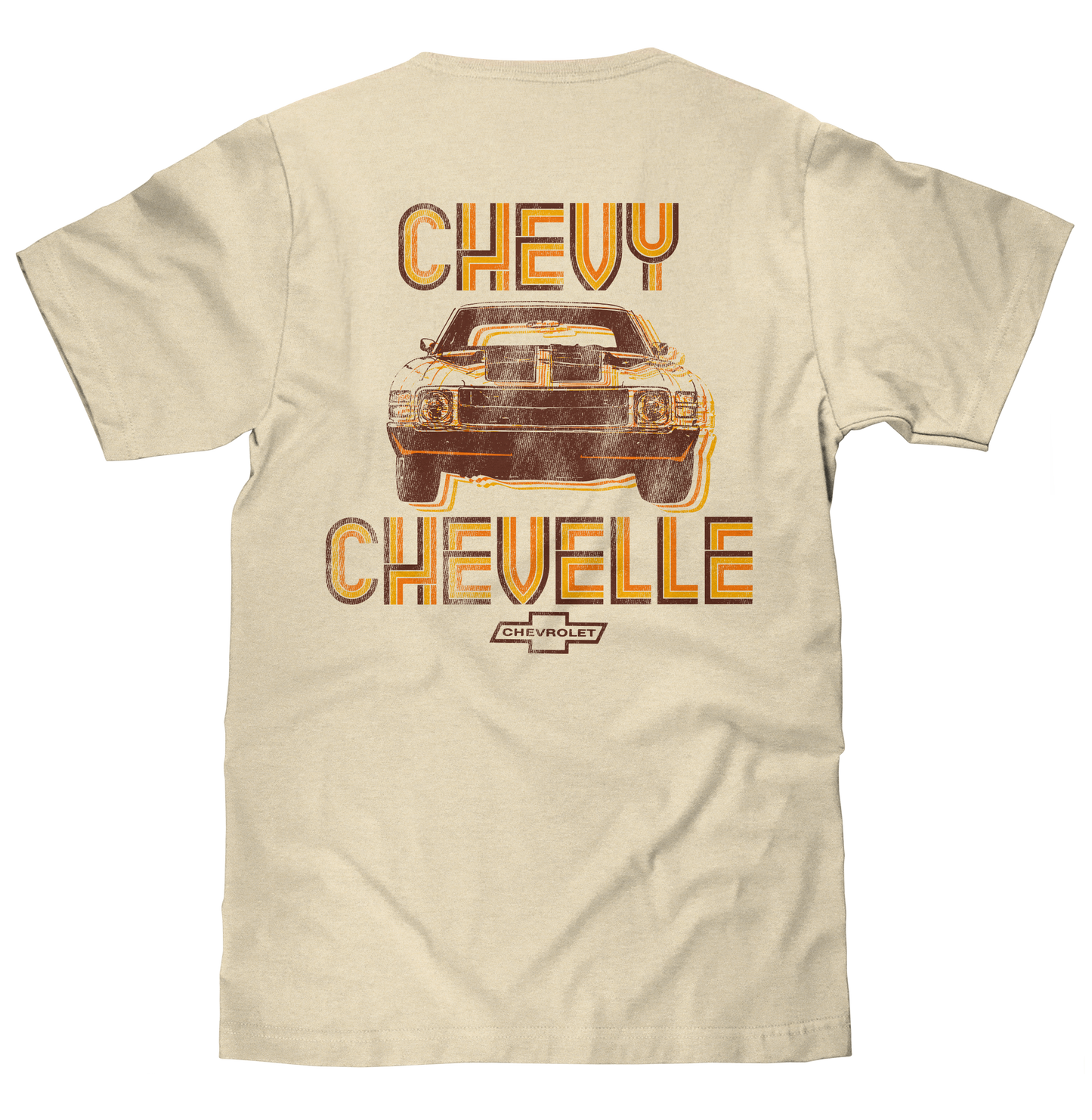 Chevy Chevelle Chevrolet Left Chest Front and Back Print Classic Car Mens T Shirt Officially Licensed Cream