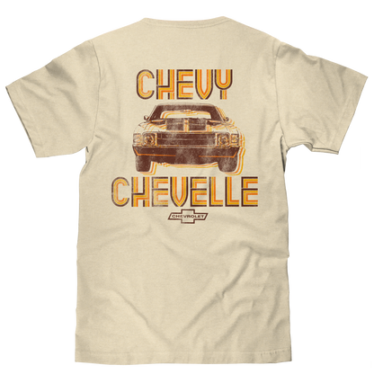Chevy Chevelle Chevrolet Left Chest Front and Back Print Classic Car Mens T Shirt Officially Licensed Cream