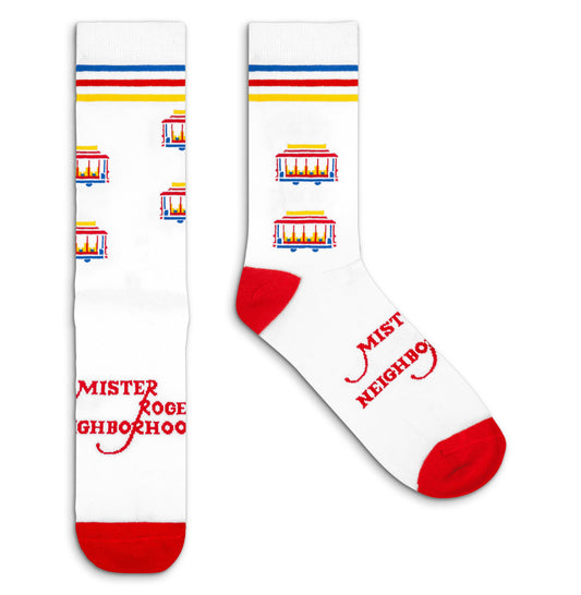 Mister Rogers Neighborhood Trolley Socks Officially Licensed - White/Red/Yellow/Blue