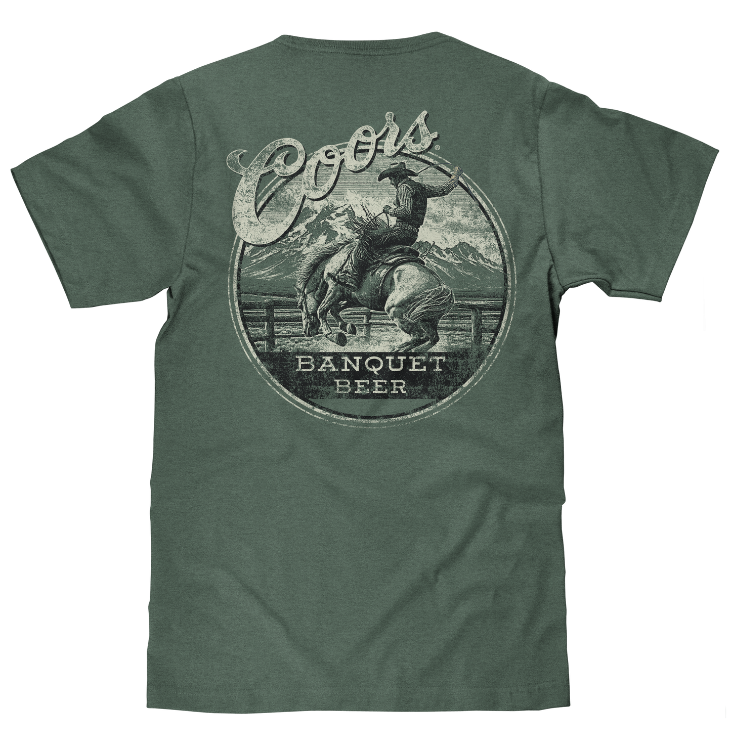 Coors Banquet Beer Rodeo Horse Front Pocket Tee Mens T Shirt Officially Licensed Cypress Green