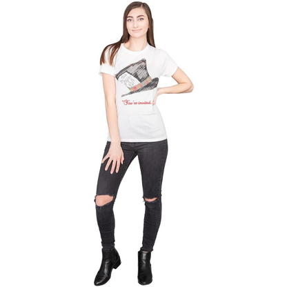 Alice in Wonderland Mad Hatter Hat You're Invited Juniors White T Shirt Tee