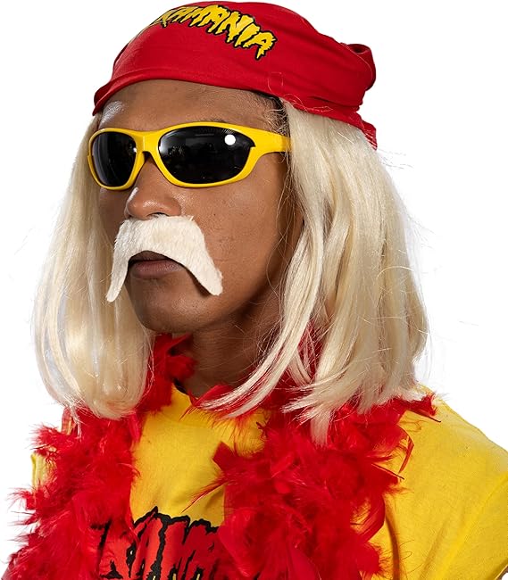 Red 1980s Mania Unisex Halloween Cosplay Costume Accessory Kit (Bandana w/ Wig\Moustache)