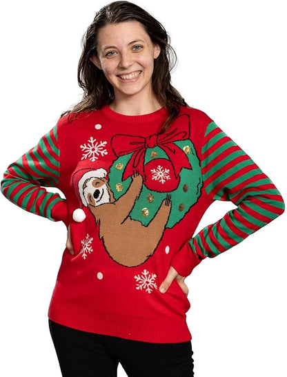 Sloth Santa Hat Hanging on Gift Ball Ornament Women's Juniors Ugly Christmas Sweater