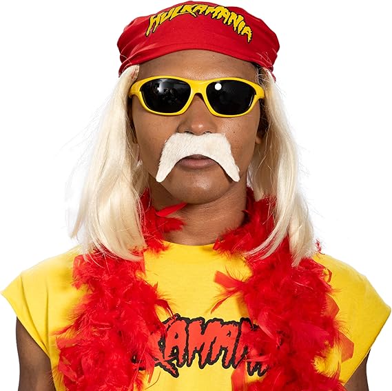Red 1980s Mania Unisex Halloween Cosplay Costume Accessory Kit (Bandana w/ Wig\Moustache)