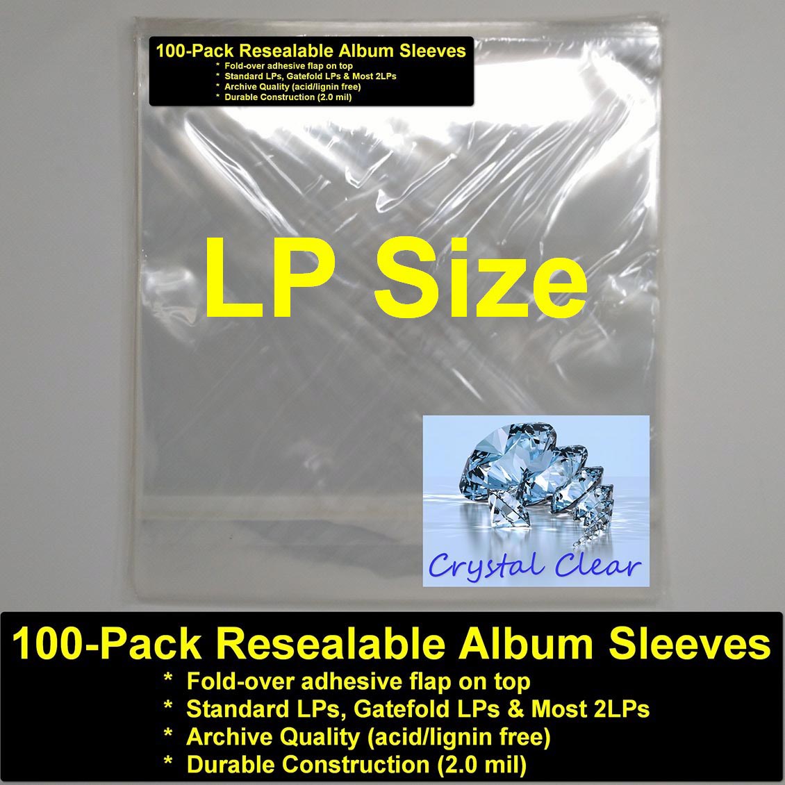 Record Bags - Pack of 100 Polypropylene Crystal Clear LP Bags With Resealable Flap Vinyl Record