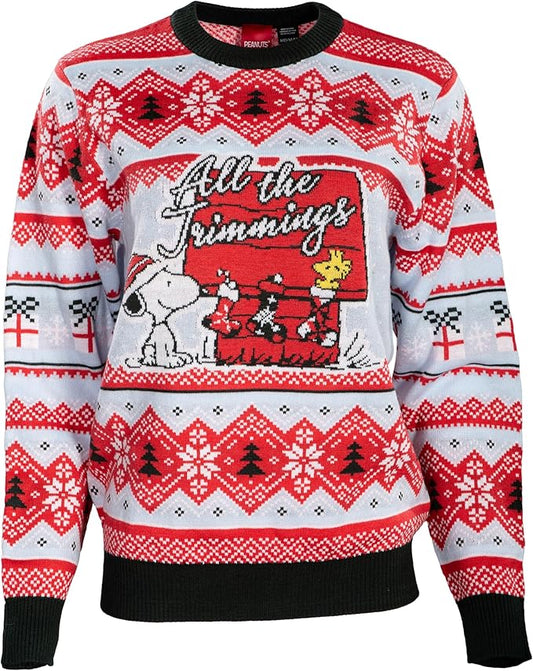 Peanuts House Snoopy and Woodstock All The Trimmings Adult Ugly Christmas Sweater