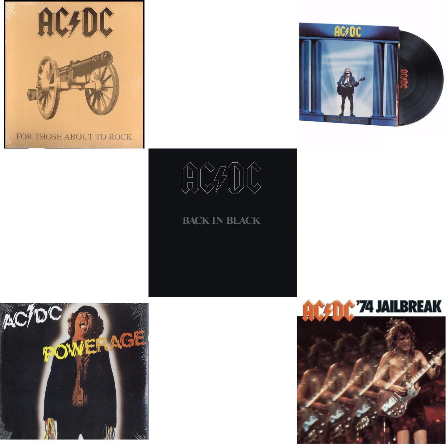 Ac/Dc - 74 Jailbreak (180G) & Powerage (180G) & Back In Black (180G) & For Those About To Rock (180G) & Who Made Who (180G) - LP Vinyl Bundle