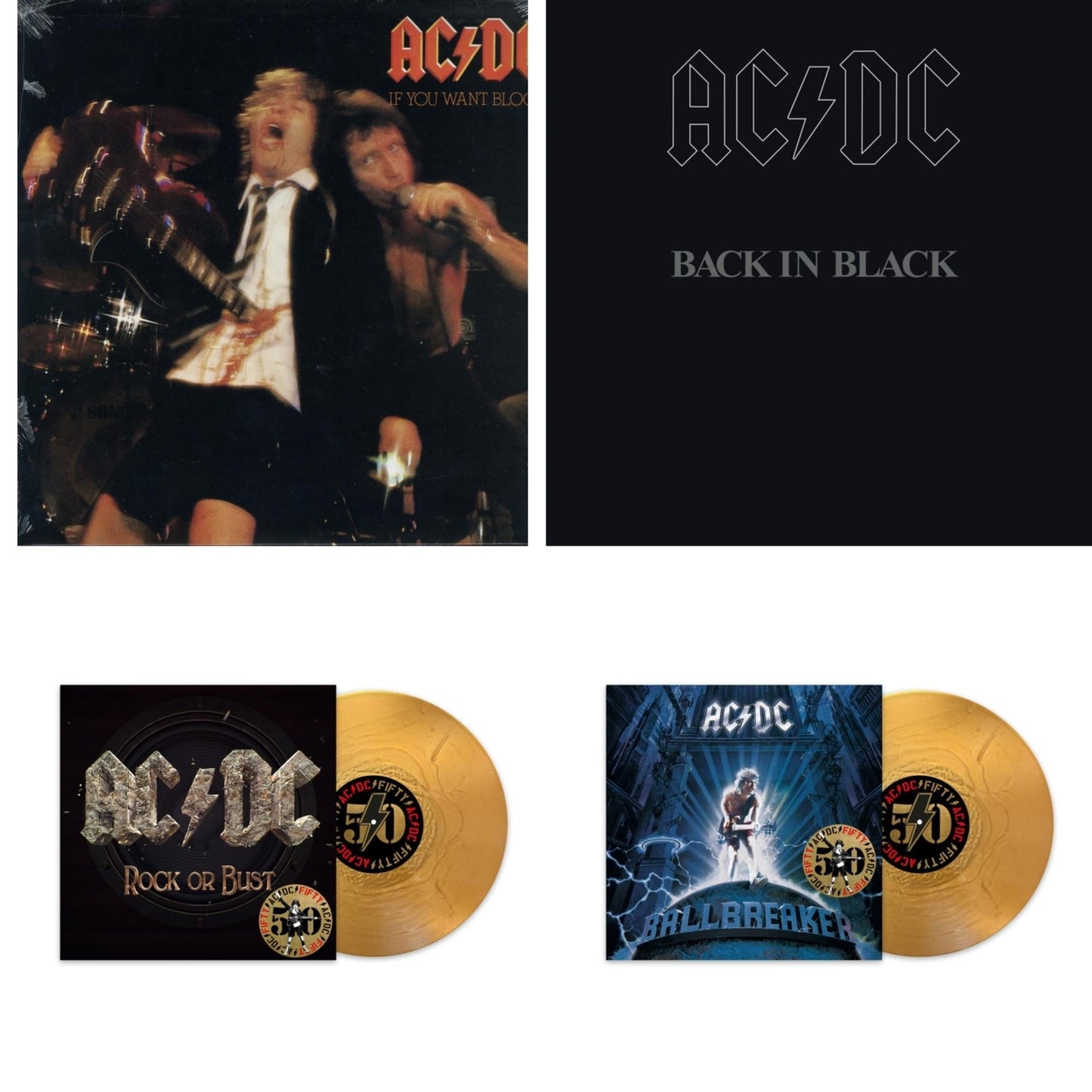 Ac/Dc - If You Want Blood You've Got It (180G) & Back In Black (180G) & Rock Or Bust (50Th Anniversary/Gold Color LP Vinyl) & Ballbreaker (50Th Anniversary/Gold Color LP Vinyl)