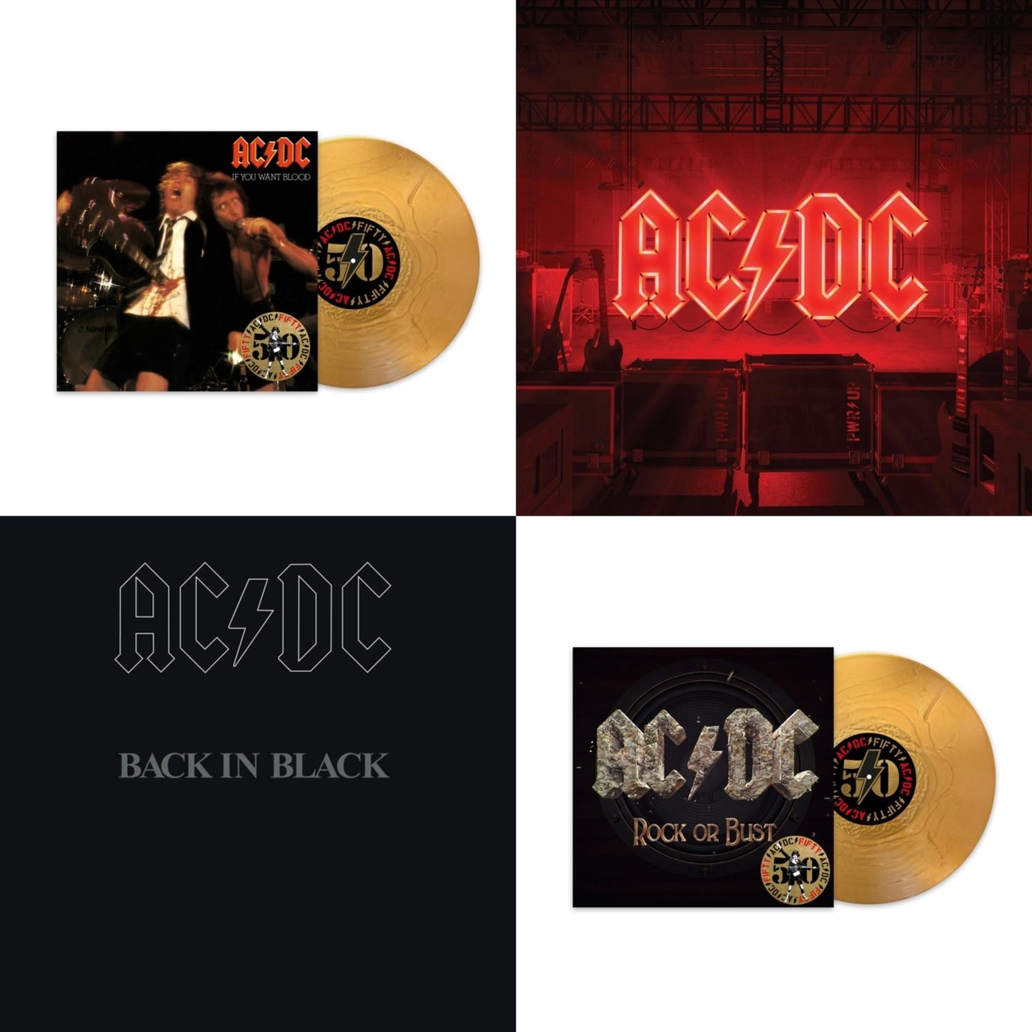 Ac/Dc - If You Want Blood You’Ve Got It (50Th Anniversary/Gold Color LP Vinyl) & Power Up (180G/Gatefold Jacket/Inner Sleeve) & Back In Black (180G) & Rock Or Bust (50Th Anniversary/Gold Color LP Vinyl)