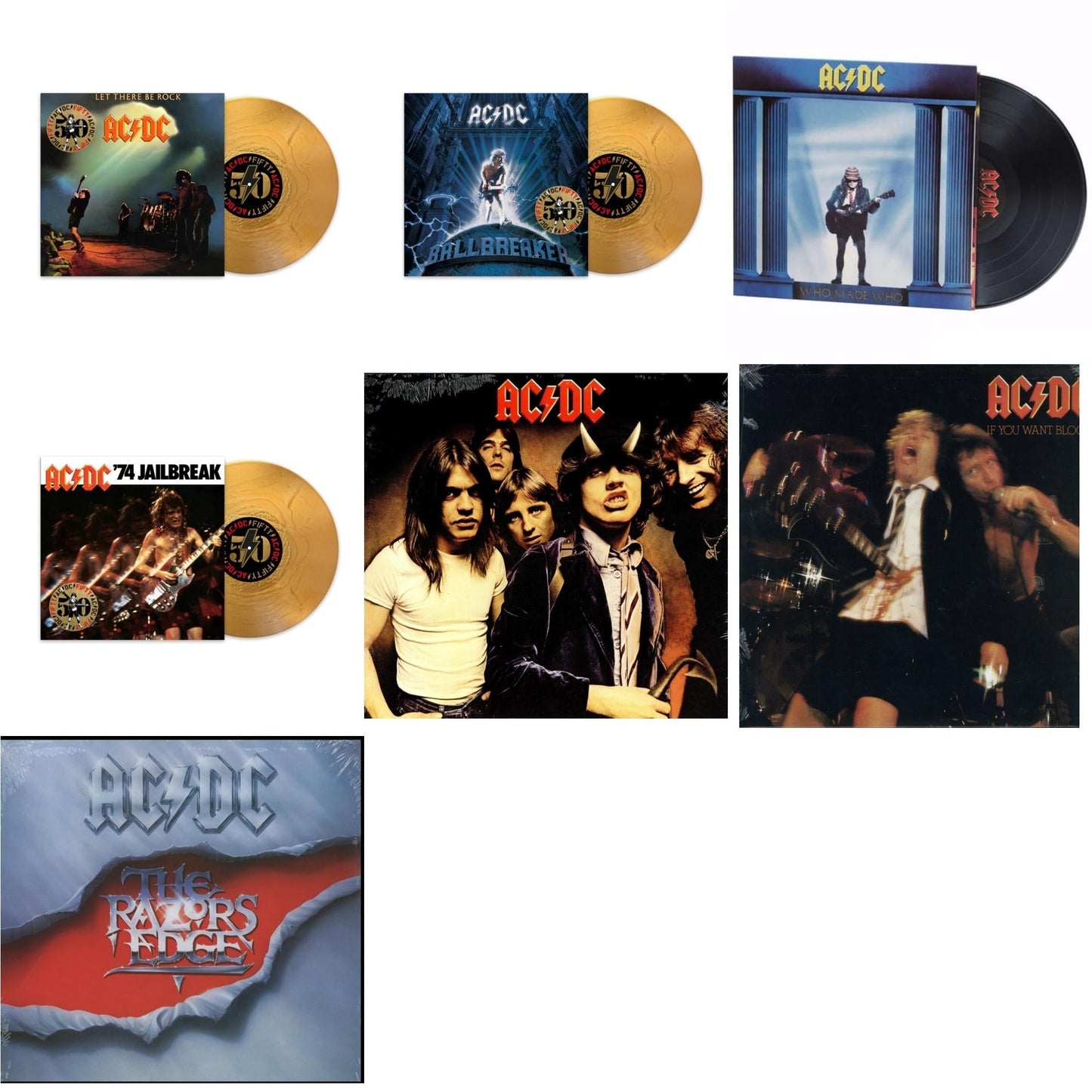 Ac/Dc - Let There Be Rock (50Th Anniversary/Gold Color LP Vinyl) & Ballbreaker (50Th Anniversary/Gold Color LP Vinyl) & Who Made Who (180G) & 74 Jailbreak (50Th Anniversary/Gold Color LP Vinyl) & Highway To Hell (180G) & If You Want Blood You've Got