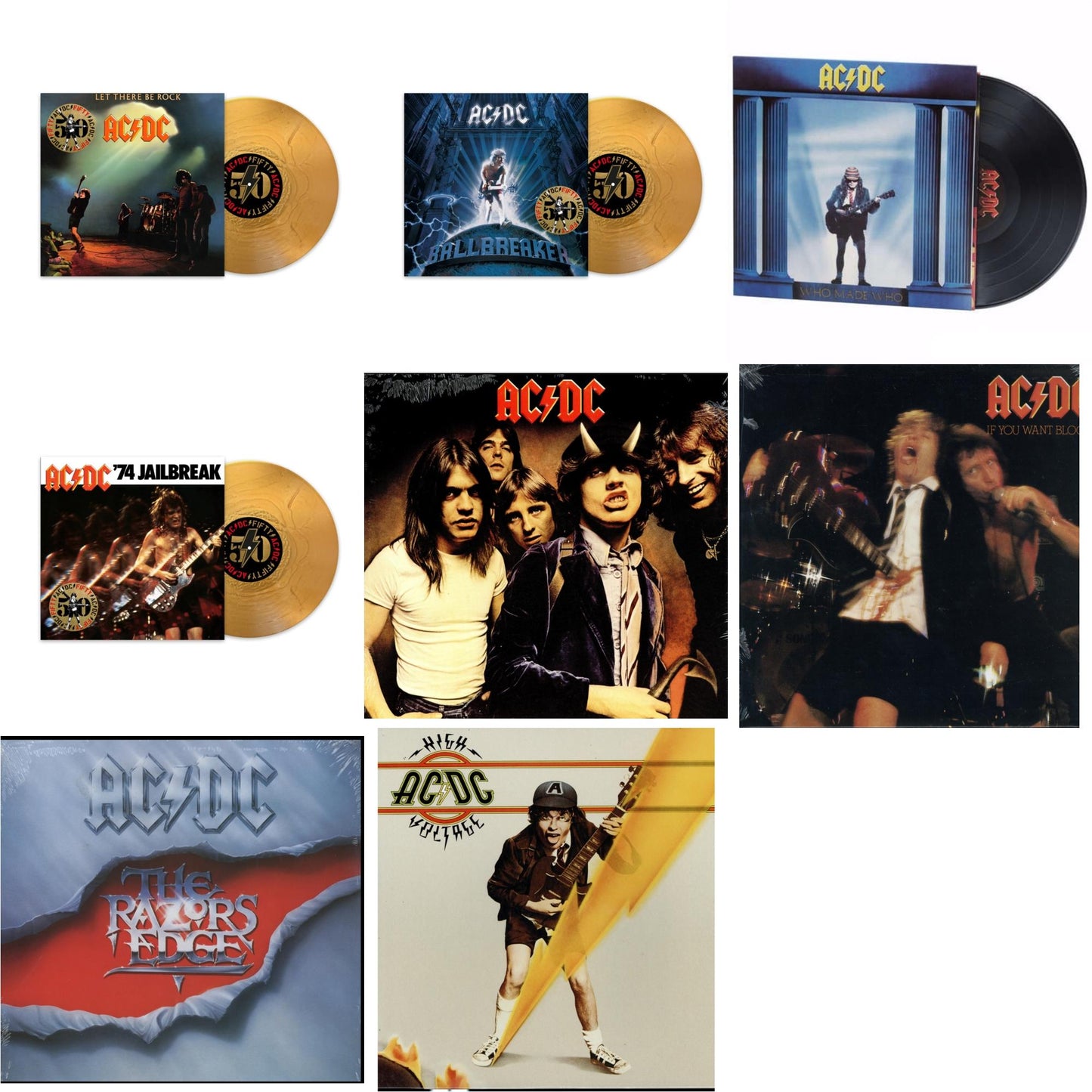 Ac/Dc - Let There Be Rock (50Th Anniversary/Gold Color LP Vinyl) & Ballbreaker (50Th Anniversary/Gold Color LP Vinyl) & Who Made Who (180G) & 74 Jailbreak (50Th Anniversary/Gold Color LP Vinyl) & Highway To Hell (180G) & If You Want Blood You've Got