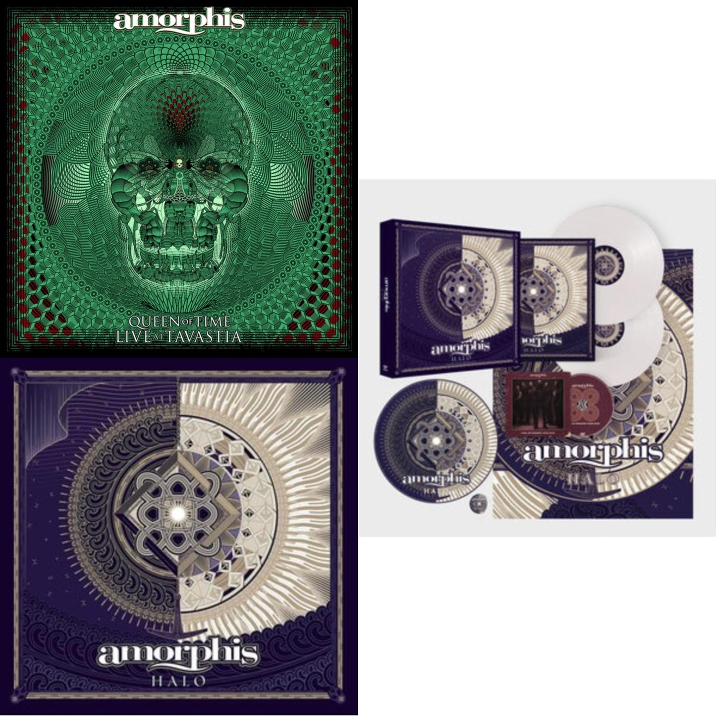 Amorphis - Halo (Red Transparent LP Vinyl) & Halo (Deluxe/Boxset/White LP Vinyl/CD/Slip Mat/Poster & Queen Of Time (Live At Tavastia 2021) (2LP/Green Blackdust W/ Signed Insert)