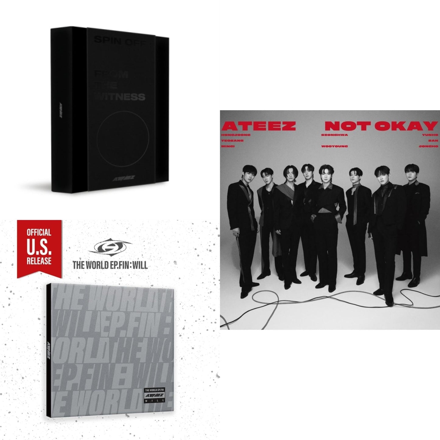 Ateez - Spin Off : From The Witness (Witness Version) (Limited) & World Ep.Fin : Will - (Digipak) (Us Basic) & Not Okay(Limited Edition B) - CD Bundle