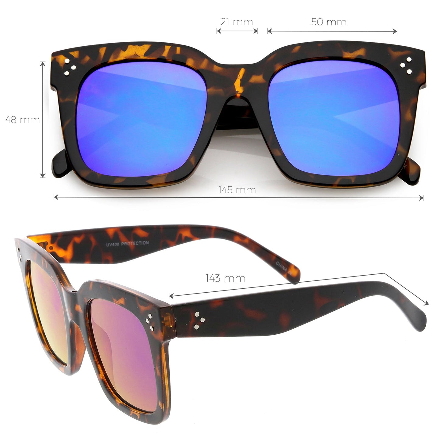 Bold Oversize Flat Mirror Lens Square Frame Horn Rimmed Sunglasses 50mm - A100