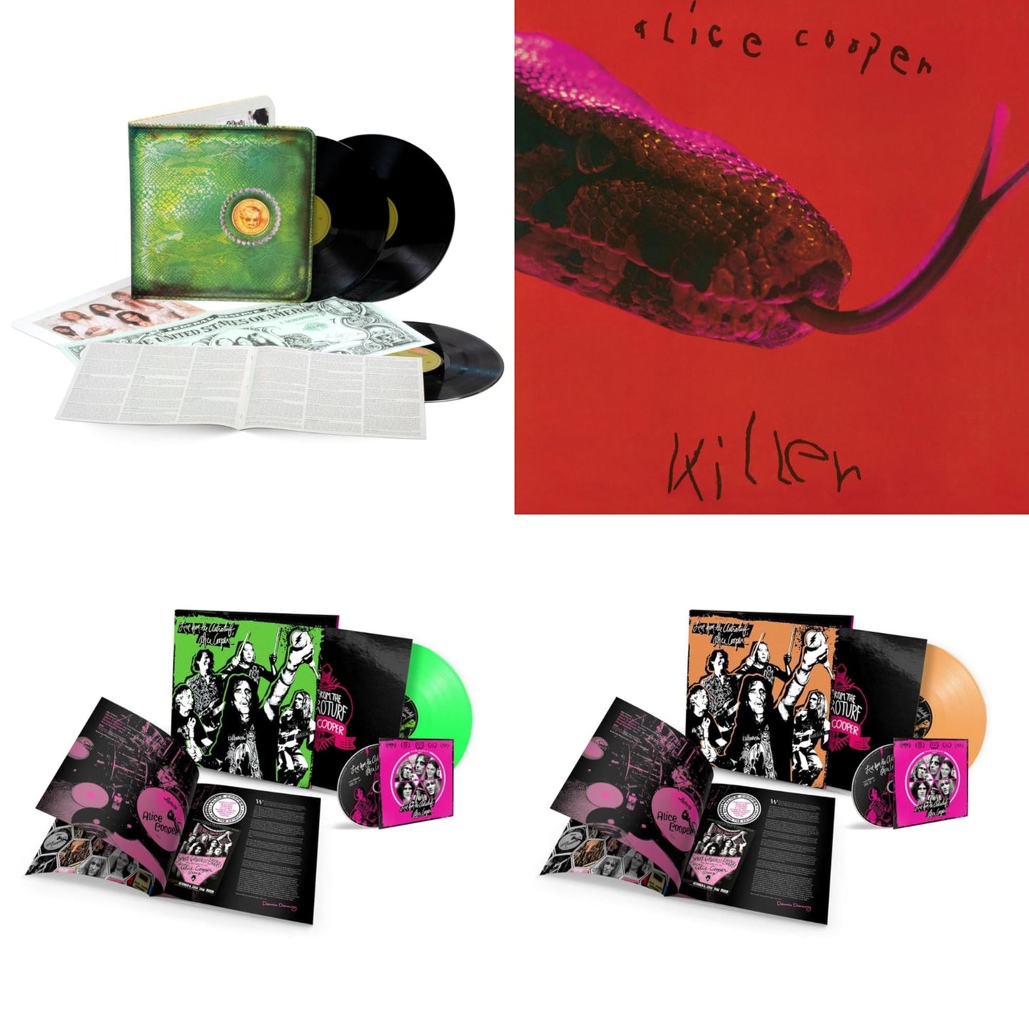 Alice Cooper - Billion Dollar Babies (50Th Anniversary/Deluxe/3LP) & Killer (Expanded & Remastered/3LP) & Live From The Astroturf (Glow-In-The-Dark LP Vinyl/DVD) & Live From The Astroturf (Apricoot LP Vinyl/DVD)
