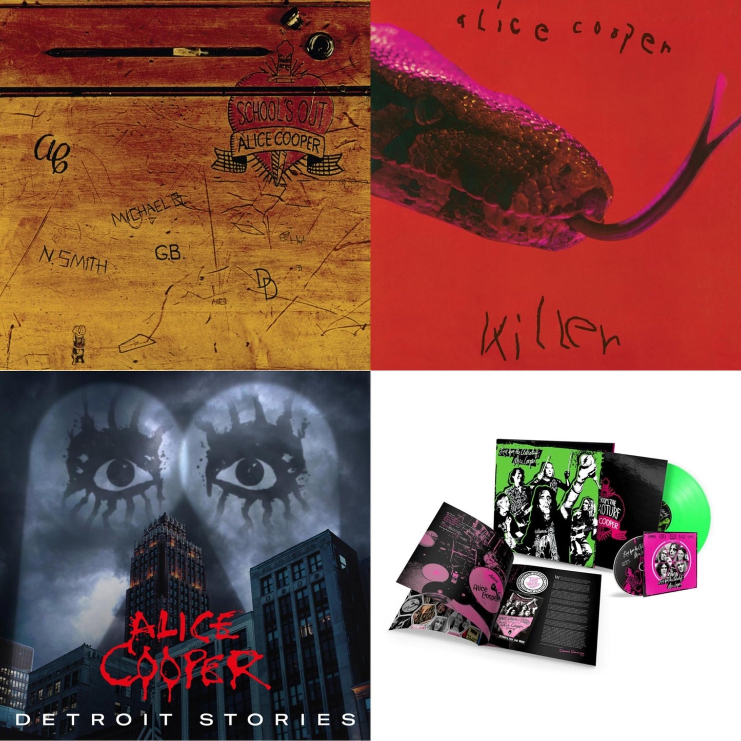 Alice Cooper - Detroit Stories (2LP) & Live From The Astroturf (Glow-In-The-Dark LP Vinyl/DVD) & School's Out (Expanded & Remastered/3LP) & Killer (Expanded & Remastered/3LP)