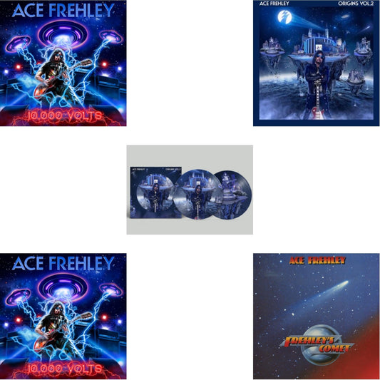 Ace Frehley - 10,000 Volts (Edge Only Splatter/Metal Gym Locker/Red Splatter LP Vinyl) & 10,000 Volts (Orange Tabby LP Vinyl) & Origins Vol.2 (Blue & White LP Vinyl) & Origins: Vol. 2 (Picture Disc) & Frehley's Comet (Red & Blue Hand Poured Effect LP