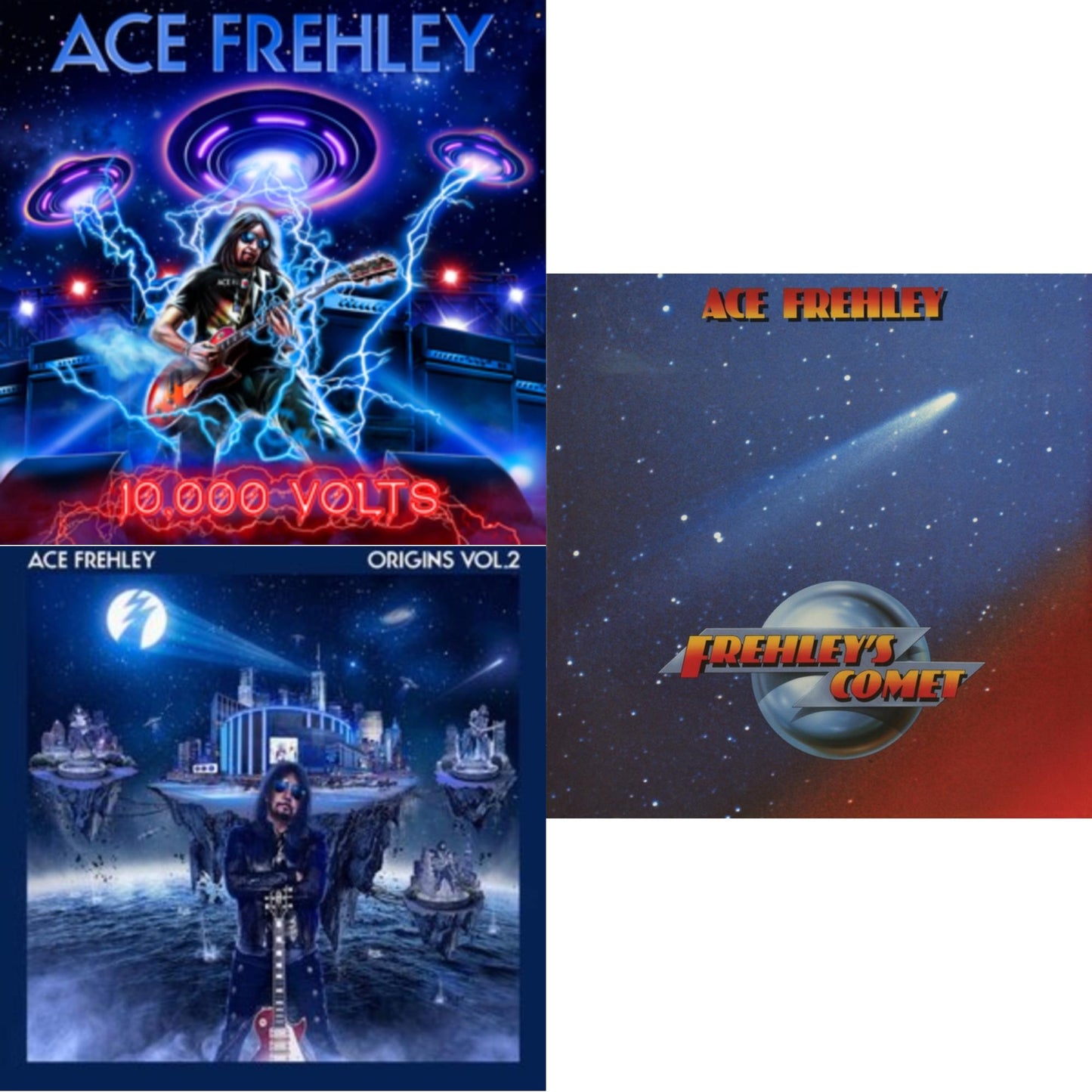 Ace Frehley - 10,000 Volts (Edge Only Splatter/Metal Gym Locker/Red Splatter LP Vinyl) & Origins Vol.2 (Blue & White LP Vinyl) & Frehley's Comet (Red & Blue Hand Poured Effect LP Vinyl)