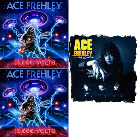 Ace Frehley - 10,000 Volts (Dragons Den LP Vinyl) & 10,000 Volts (Orange Tabby LP Vinyl) & Trouble Walkin (Oxblood Red Hide Your Heart Swirl LP Vinyl)