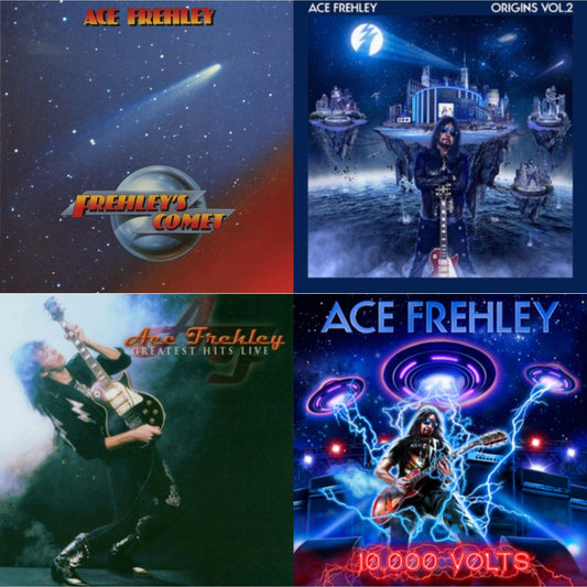 Ace Frehley - Greatest Hits Live & 10,000 Volts (Edge Only Splatter/Metal Gym Locker/Red Splatter LP Vinyl) & Origins Vol.2 (Blue & White LP Vinyl) & Frehley's Comet (Red & Blue Hand Poured Effect LP Vinyl)