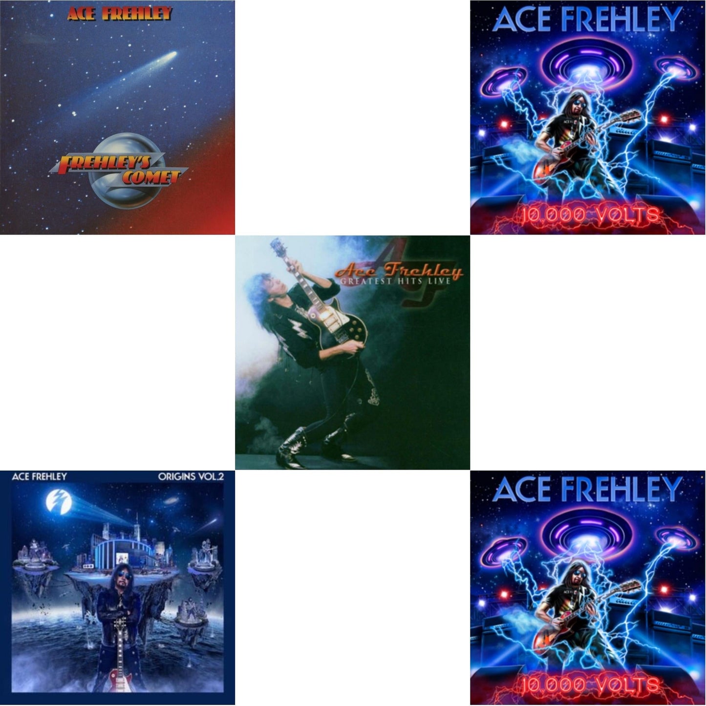 Ace Frehley - Greatest Hits Live & 10,000 Volts (Edge Only Splatter/Metal Gym Locker/Red Splatter LP Vinyl) & 10,000 Volts (Orange Tabby LP Vinyl) & Origins Vol.2 (Blue & White LP Vinyl) & Frehley's Comet (Red & Blue Hand Poured Effect LP Vinyl)