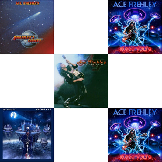 Ace Frehley - Greatest Hits Live & 10,000 Volts (Edge Only Splatter/Metal Gym Locker/Red Splatter LP Vinyl) & 10,000 Volts (Orange Tabby LP Vinyl) & Origins Vol.2 (Blue & White LP Vinyl) & Frehley's Comet (Red & Blue Hand Poured Effect LP Vinyl)